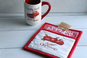 Sweet Orchard Pocket Mitt, Red and white with Apples on the front.
