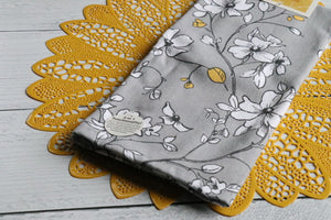Dual Purpose Towel, gray with white flowers and yellow leave.  Perfect for Fall.