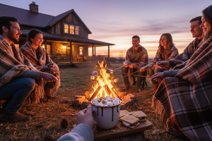 Add a farmhouse outside around a campfire toasting marshmallows and drinking s'mores coffee with a coffee mug filled with marshmallows and steam coming out of it warm cozy blankets at dusk