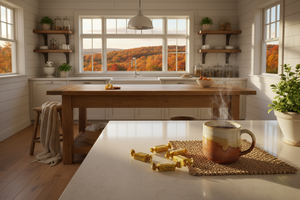 Picture of a cream quartz countertop with butterscotch candies and a coffee and a warm mug with a backdrop of fall out of the one showing out of the window and a farmhouse kitchen
