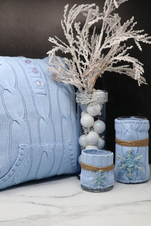 Blue Sweater Vase and Pillow Set