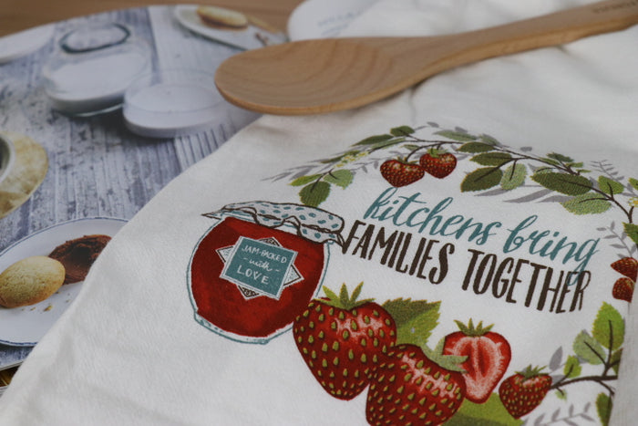 Flour Sack Towel - Kitchens Bring Families Together (Strawberry)